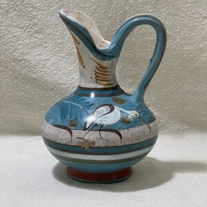 Vntg Mexican Tanola Folk Art Pitcher Vase Pottery Hand Painted Initialed Signed